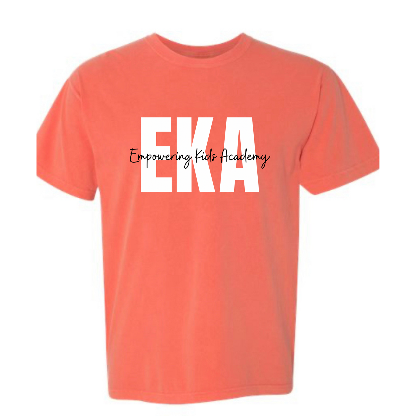 White and black overlay logo Comfort Color Bright Salmon Tee