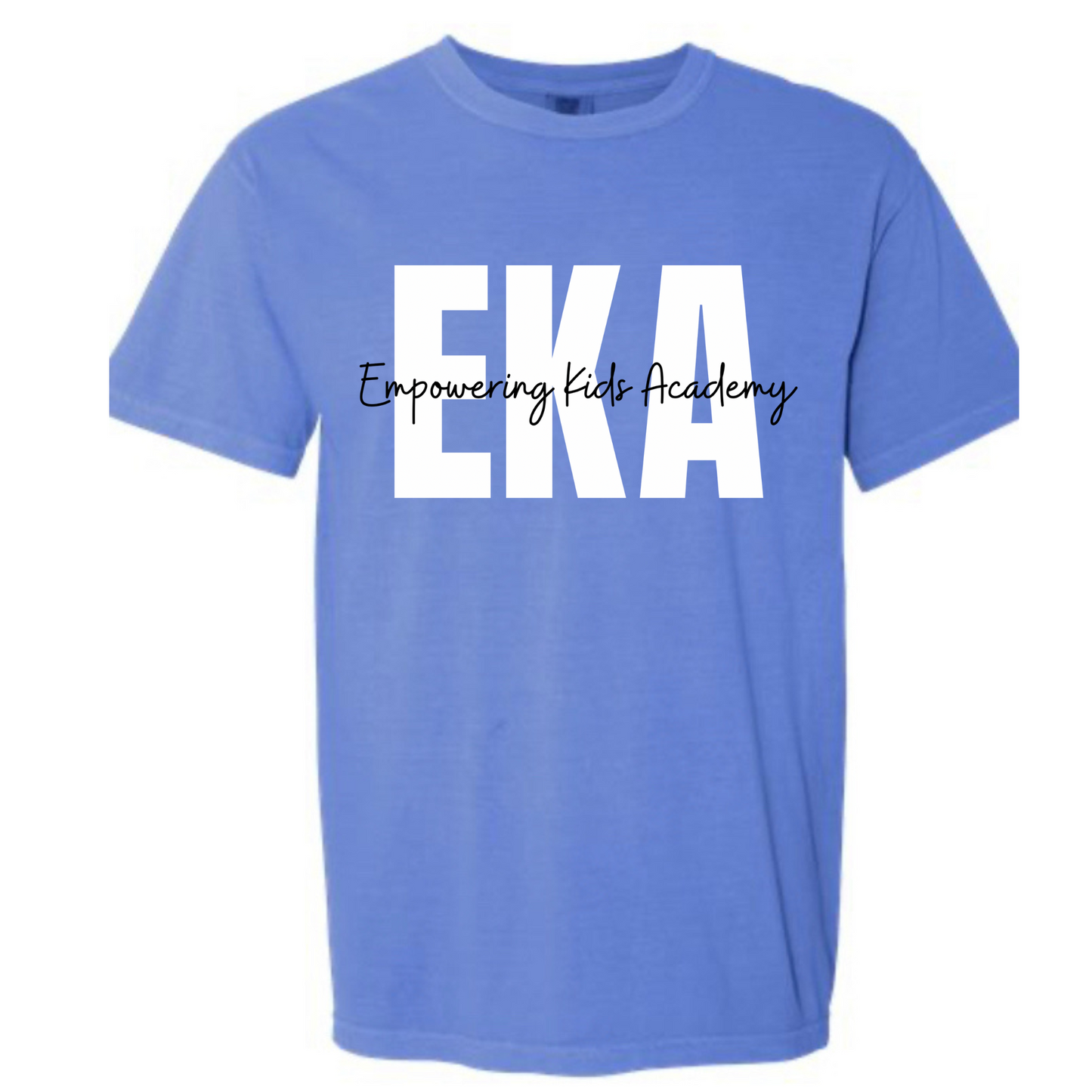 White and Black overlay logo Comfort Color Flo Blue Tee