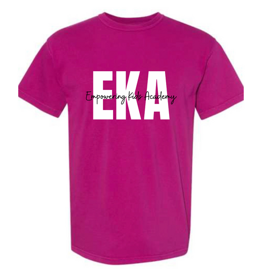 White and Black overlay logo Comfort Color Boysenberry Tee