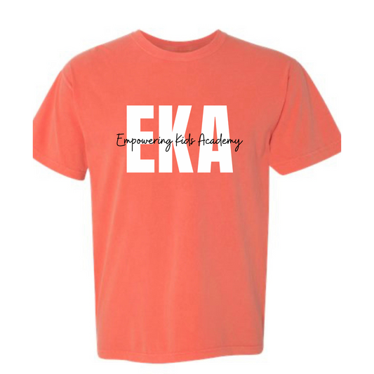 White and black overlay logo Comfort Color Bright Salmon Tee