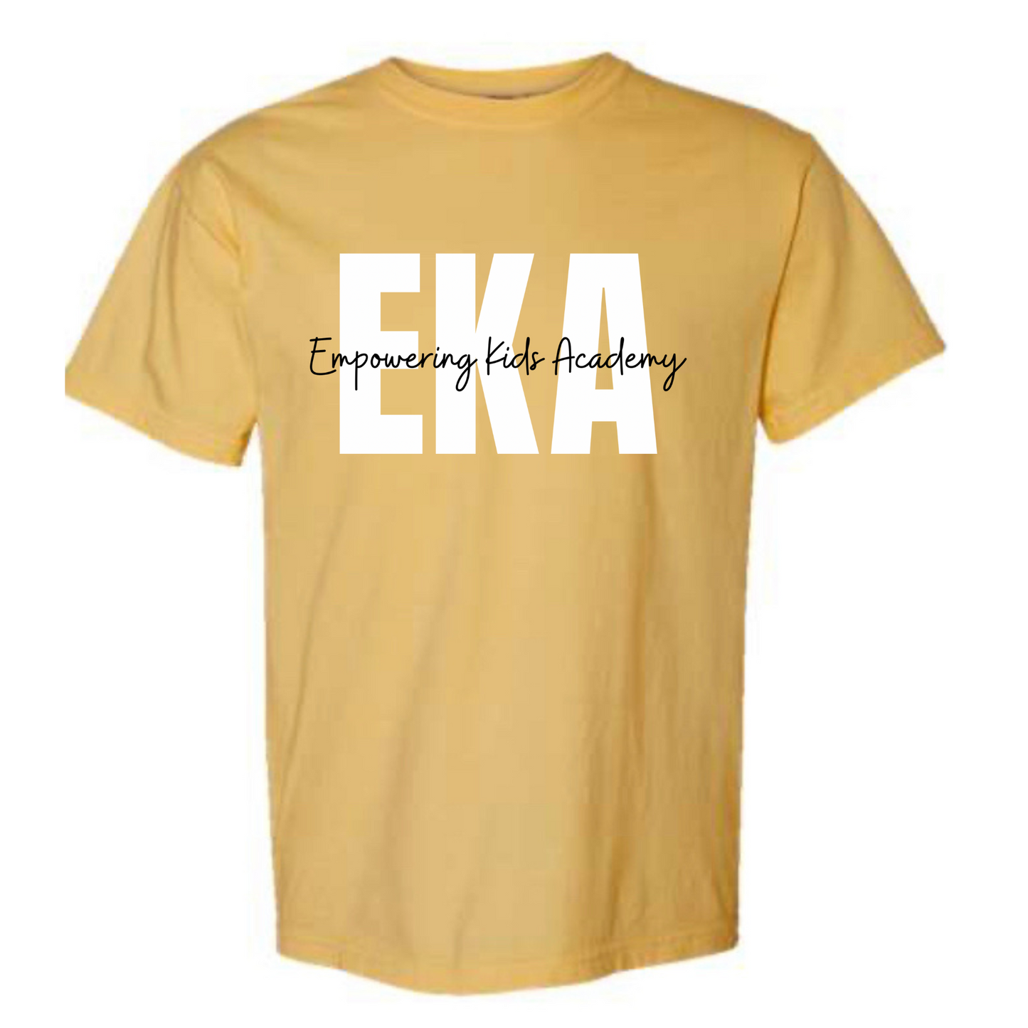 White and Black Overlay Logo Comfort Color Mustard Tee