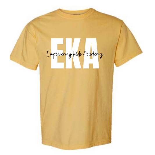 White and Black Overlay Logo Comfort Color Mustard Tee